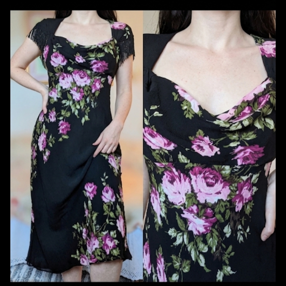 SOLD Nicole Miller Black Floral Cowl Neck Midi Dress with Pink Roses